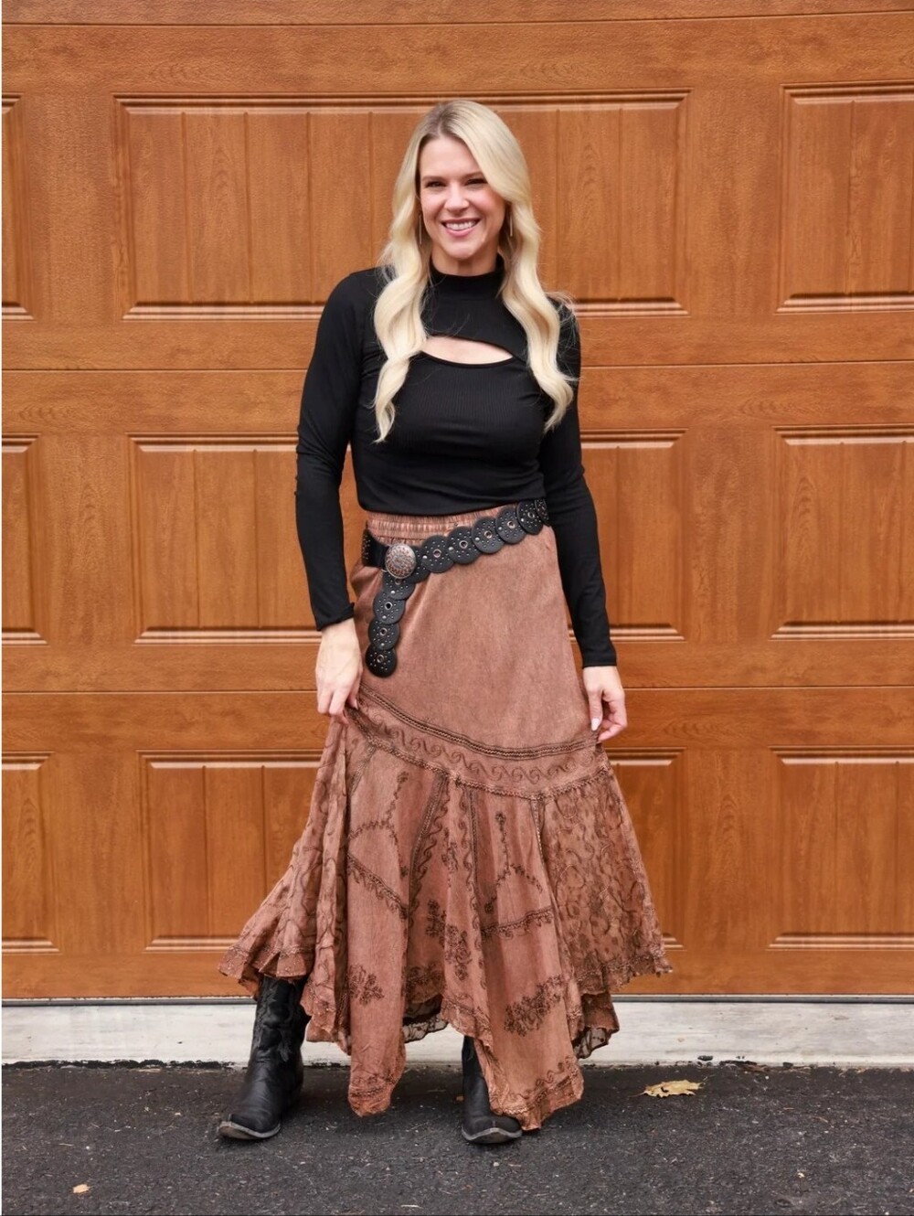Scully Honey Creek Brown Embroidered Asymmetrical Hem Maxi Skirt - Picture 3 of 10
